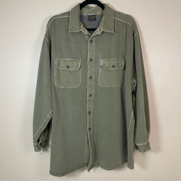 WOOLRICH Mens XL Olive Green Button Front Sweatshirt Shacket Heritage Preppy y2K - Picture 1 of 7